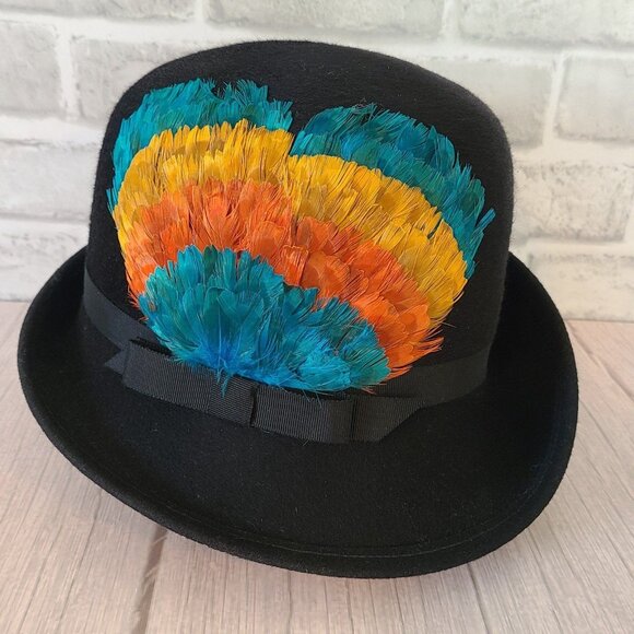 Vintage Henry Pollak Wool Hat New York Melange Feathers Soleil Soie Black main image 12